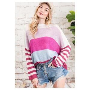 Soft Boho Colorblock Striped Sweater Oversized Knit Pullover Women’s Small